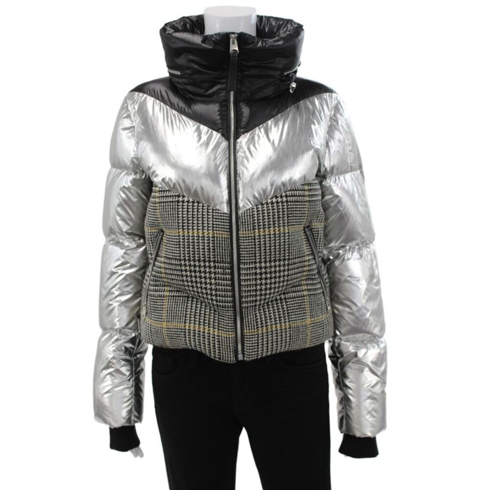 Mackage Women Puffer Jacket Black Plaid Nylon Zip Long Sleeve Size M